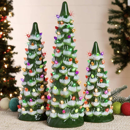 Best Choice Products Set of 3 Pre-Lit Hand-Painted Ceramic Tabletop Christmas Trees w/ Multicolor Lights - Flocked Green