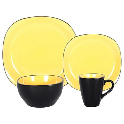Square 16pc Dinnerware Set, Inside Shiny Yellow + Outside Matte Black
