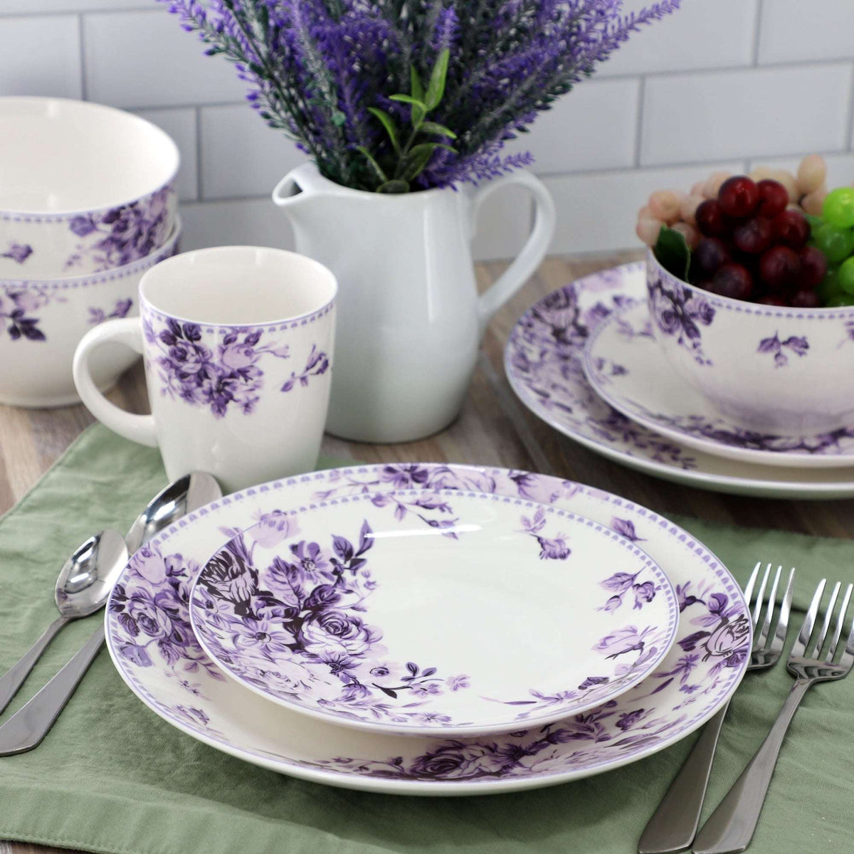 Elama Traditional Purple Rose 24 Piece Porcelain Double Bowl Dinnerware Set