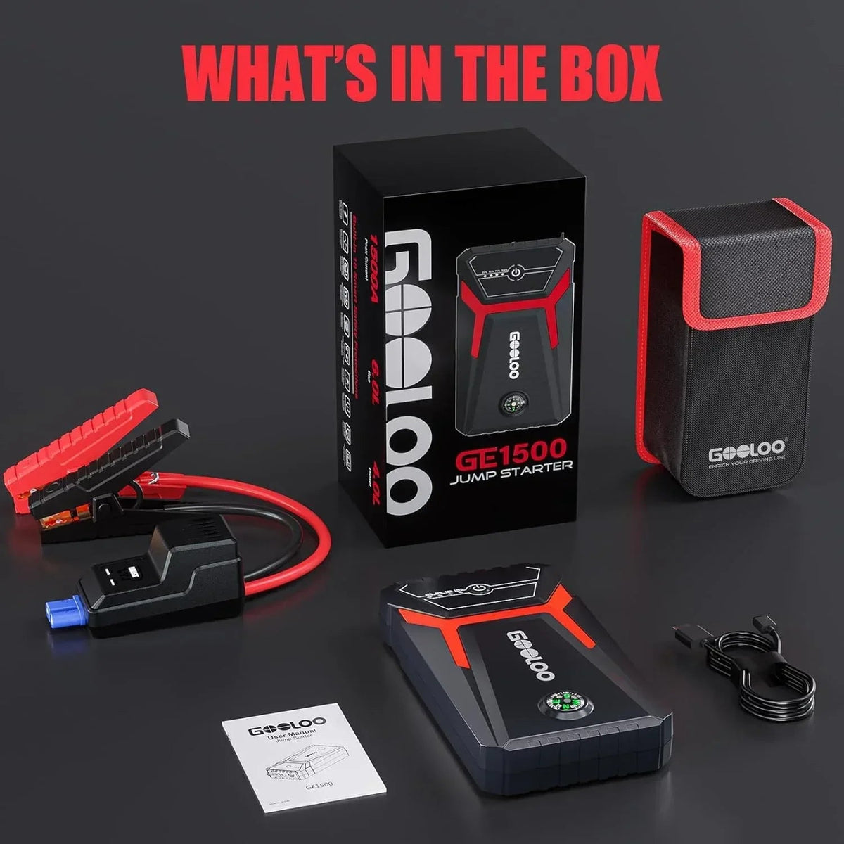 GOOLOO Car Jump Starter,1500A Peak 12V Battery Jump Box with Quick Charge Out(Up to 6.0L Gas and 4.0L Diesel Engines),GE1500 Portable Battery Booster Pack Power Bank Car Starter
