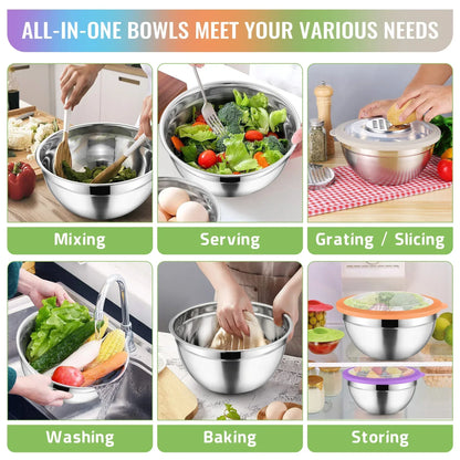 Vesteel Mixing Bowls with Lids Set of 8, Stainless Steel Prep Bowls with Upgraded Airtight Visible Lid, Metal Nesting Bowl Attach with 3 Graters for Kitchen Grating/ Shredding / Mixing