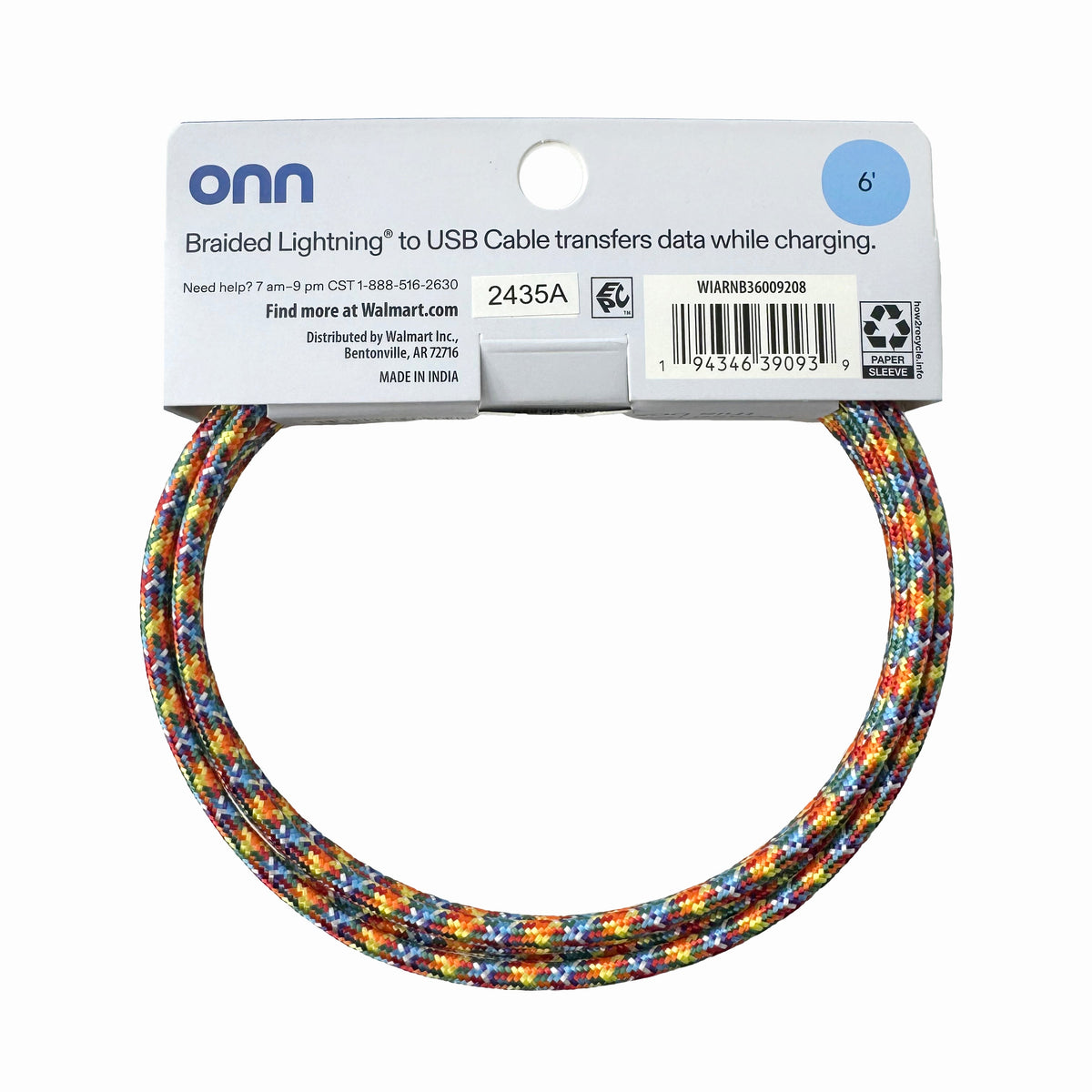 onn 6ft Lighting to USB A Braided Cable, MFI Certified, Rainbow - Compatible with iPhone 14/13/12/11/X/XR/XS/8/7/6/5, iPad, Airpods and more