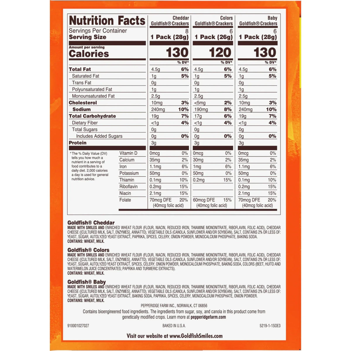 Goldfish Family Faves Crackers, Cheddar, Colors and Baby Crackers Snack Pack, 0.9 oz, 20-Count Variety Pack Box