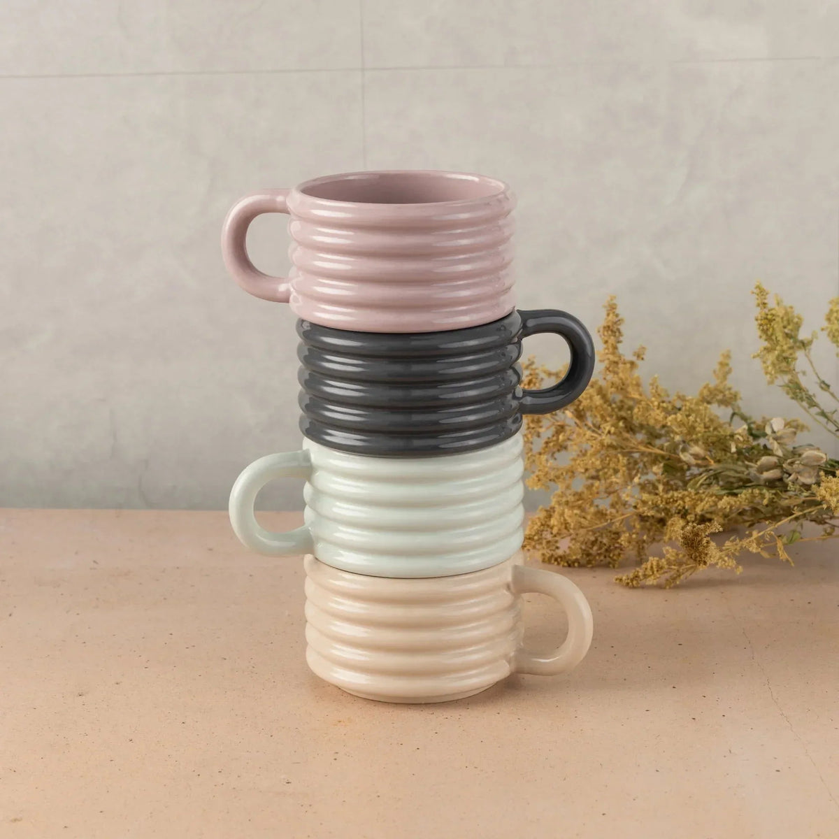 Thyme & Table 4-piece Ceramic Ribbed Stackable Mug Set with Rack, 12 fl oz