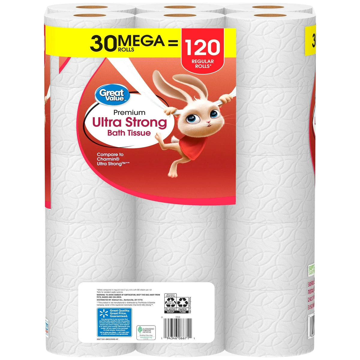 Great Value Ultra Strong 2-Ply Toilet Paper, 30 Mega Rolls, Compare to Charmin® Ultra Strong