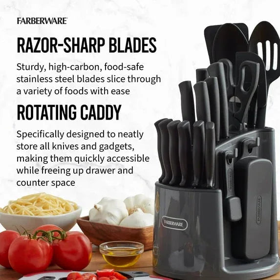 Farberware Classic 30-Piece Spin-N-Store Rotating Carousel Stainless Steel Knife Set & Tool Set Gray