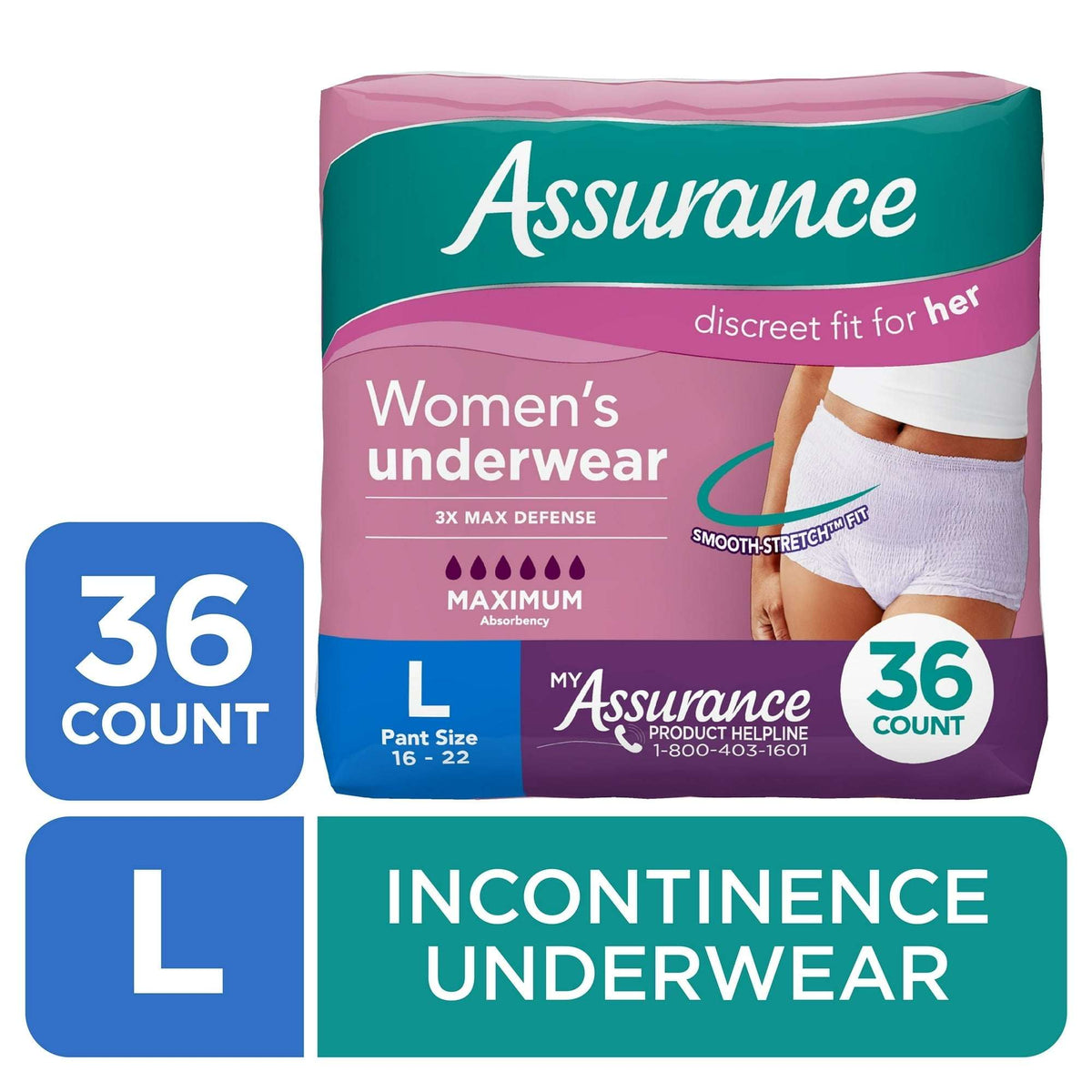 (2 pack) Assurance Women's Incontinence and Postpartum Underwear, L, Maximum Absorbency, 36 Count