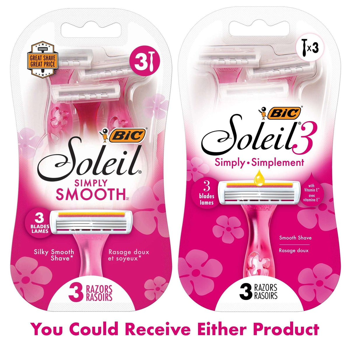 (2 pack) BIC Soleil 3 Simply Women's Disposable Razors, 3 Blades, 3 Count