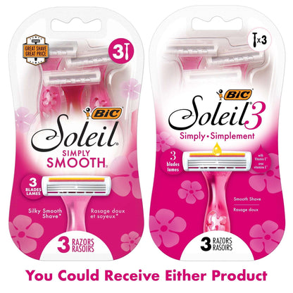 (2 pack) BIC Soleil 3 Simply Women's Disposable Razors, 3 Blades, 3 Count