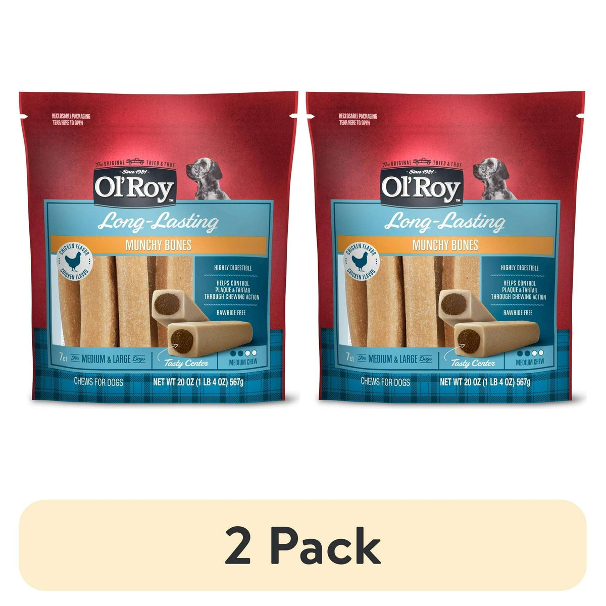(2 pack) Ol' Roy Long-Lasting Flavor Munchy Bones Chews for Dogs, 7 count, 20 oz