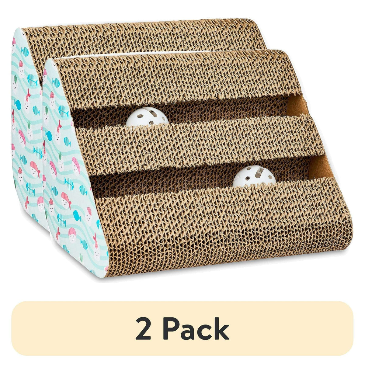 (2 pack) Vibrant Life Cat Scratching Pad, Corrugated Cardboard Activity Center, 3-Sided, Fish & Sushi Print, 7.5" x 10.5" x 7.5"