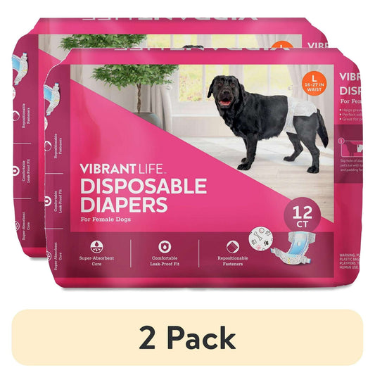 (2 pack) Vibrant Life Disposable Dog Diapers for Female Dogs, L, 12 Count