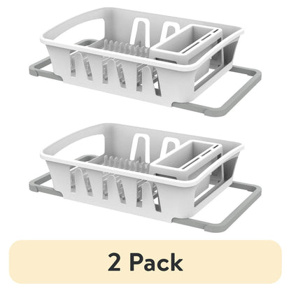 Mainstays Expandable Kitchen Dish Drying Rack with Utensil Holder, Countertop Dish Drainer Rack for Plates, Cups and Kitchen Sink Organization, White