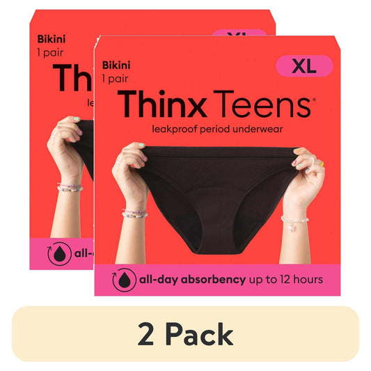 (2 pack) Thinx Teens Cotton Bikini Leakproof Period Underwear, S-XL, Black