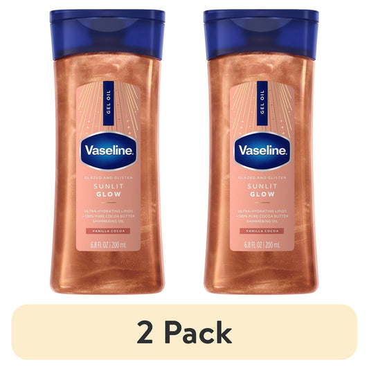 (2 pack) Vaseline Glazed & Glisten Sunlit Glow Vanilla Cocoa Shimmering Body Gel Oil with Ultra-Hydrating Lipids and 100% Pure Cocoa Butter, 6.8 fl Oz