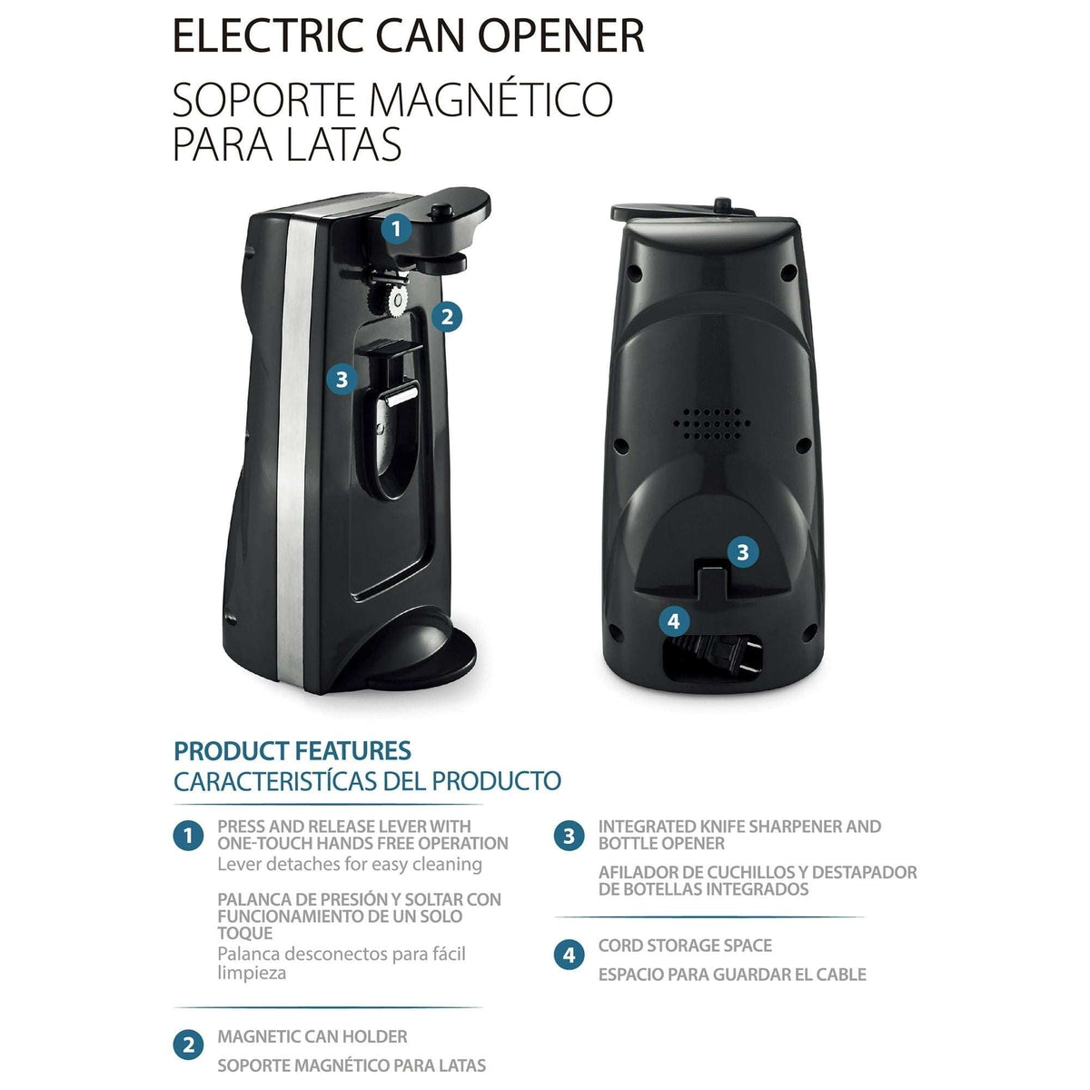 Mainstays Can Opener and Knife Sharpener, Bottle Opener with Removable Cutting Lever Black