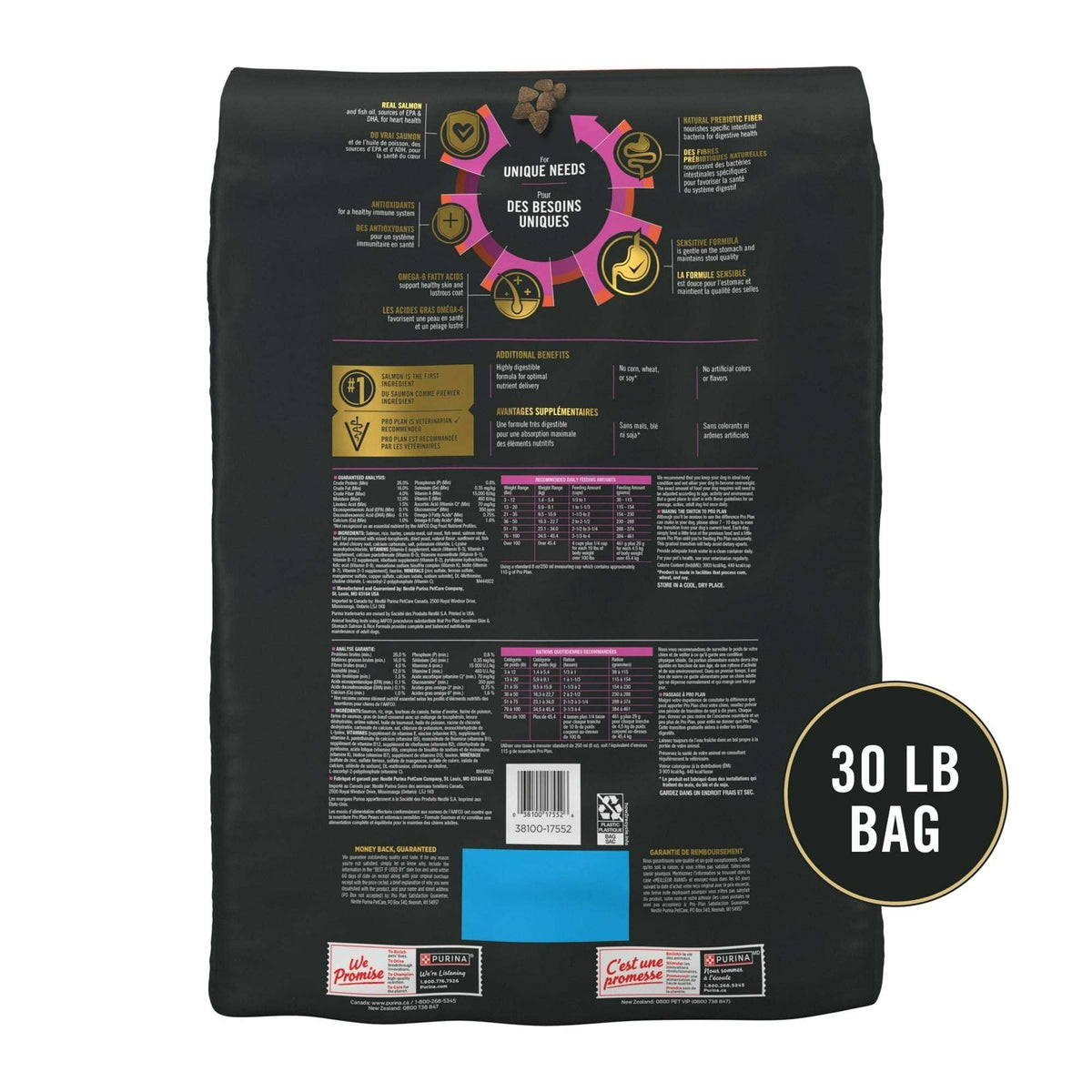 Purina Pro Plan Dry Dog Food for Adult Dogs, High Protein, Sensitive Stomach, Salmon & Rice, 30 lb Bag
