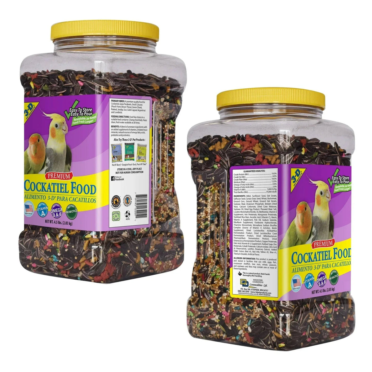 3-D Pet Products Premium Cockatiel Bird Food Seeds, with Probiotics, 4.5 lb. Stay Fresh Jar