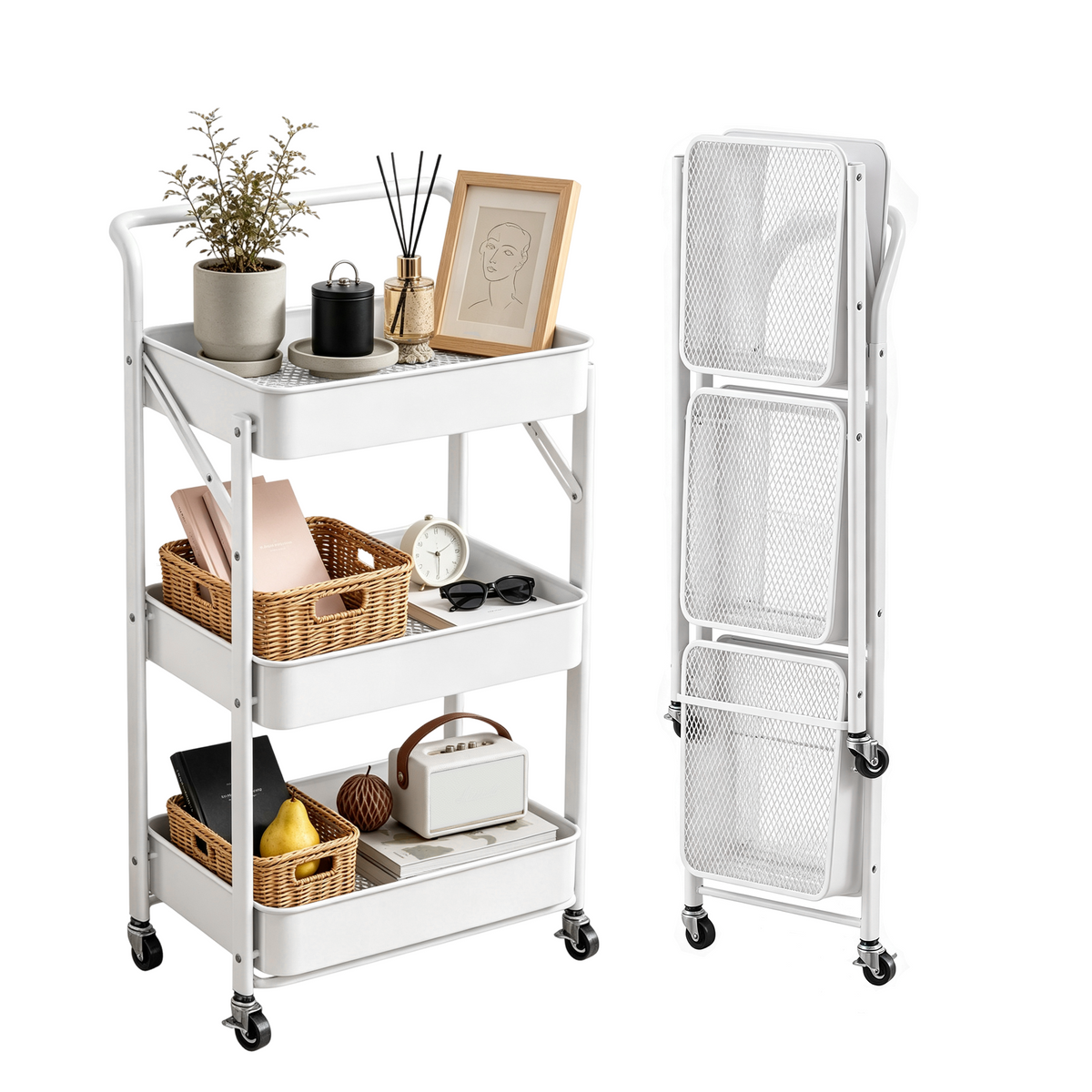 3 Tier Folding Rolling Cart, Folding Utility Cart with Lockable Wheels and Handle, Mobile Foldable Storage Cart Organizer for Kitchen, Bathroom, Office, Living Room