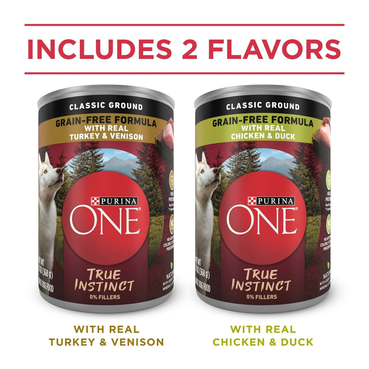 Purina ONE True Instinct Classic Ground Grain-Free Formulas With Real Turkey and Venison, and With Real Chicken and Duck Wet High Protein Dog Food Variety Pack