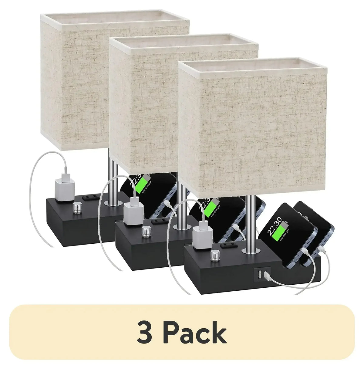GPED Bedside Table Lamp for Bedroom with Dual Fast USB Charging Ports, Fully Dimmable Nightstand Lamps with 2 Phone Stands and 2 Charging Outlets, Desk lamp with Fabric Shade for Living Room