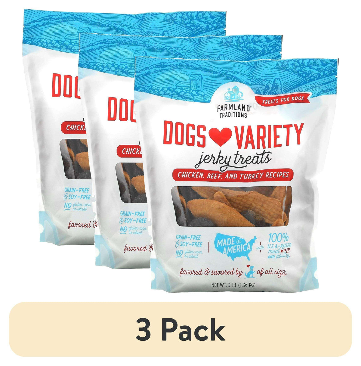 Farmland Traditions Dogs Love Jerky Dog Treats, Premium Dog Jerky Variety Pack with Chicken, Beef & Turkey, 3 Pound Bag