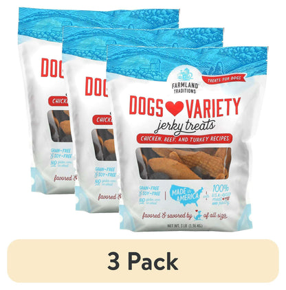 Farmland Traditions Dogs Love Jerky Dog Treats, Premium Dog Jerky Variety Pack with Chicken, Beef & Turkey, 3 Pound Bag