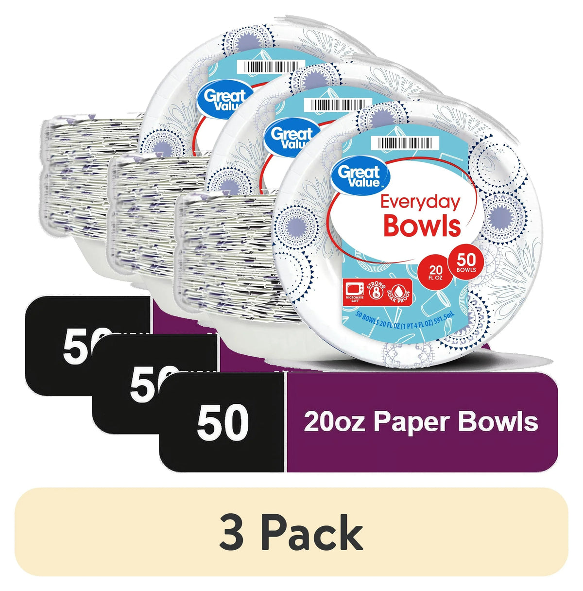 Great Value Everyday Disposable Paper Bowls, 20 oz, 50 Count