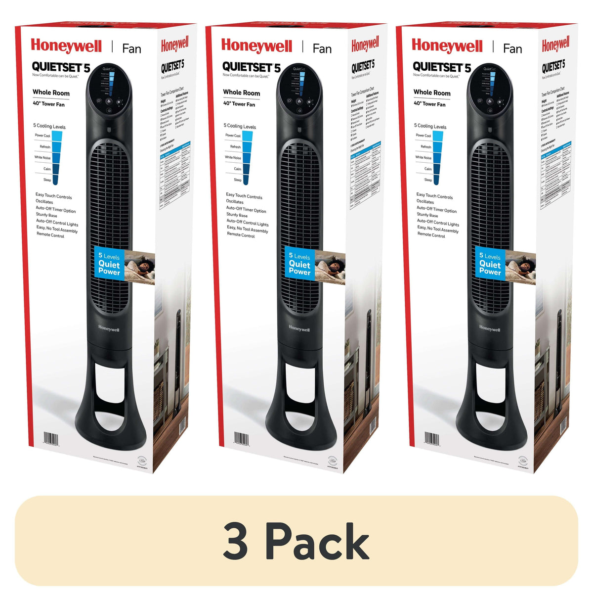 Honeywell 40" White Quiet Set Oscillating Tower Fan, 30ft Air Circulation Power, 5 Speed, Auto Off Timer, HYF260W