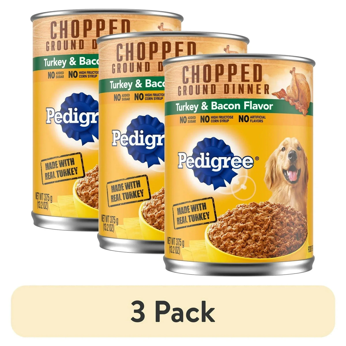 (3 pack) Pedigree Chopped Ground Dinner Turkey & Bacon Flavor Adult Soft Wet Dog Food, (12) 13.2 oz Cans