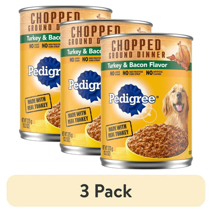 (3 pack) Pedigree Chopped Ground Dinner Turkey & Bacon Flavor Adult Soft Wet Dog Food, (12) 13.2 oz Cans