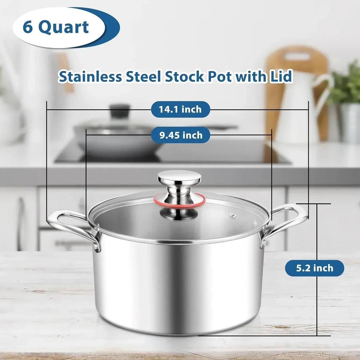 Coliware 6 QT Stainless Steel Stock Pot with Glass Lid , Cooking Soup Pot with 3-Ply Whole Clad for Home and Restaurant, Induction Cookware & Dishwasher Safe
