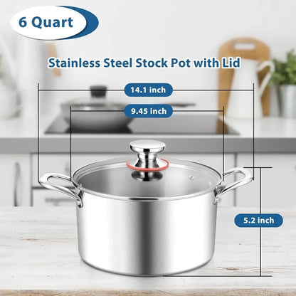 Coliware 6 QT Stainless Steel Stock Pot with Glass Lid , Cooking Soup Pot with 3-Ply Whole Clad for Home and Restaurant, Induction Cookware & Dishwasher Safe