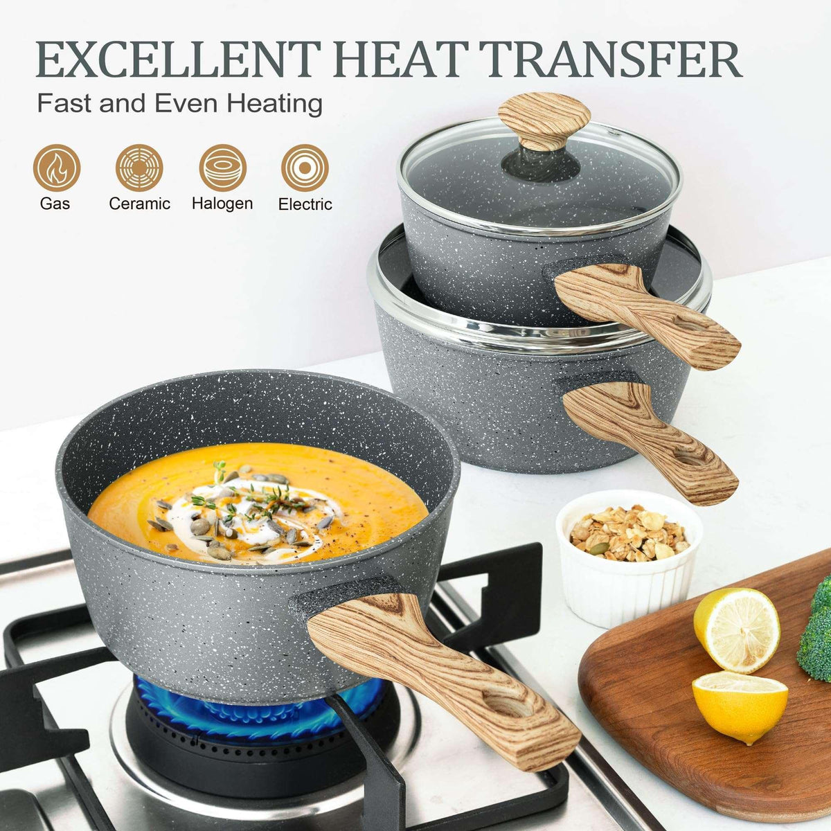 MICHELANGELO Sauce Pan with Lid, Nonstick Saucepans 1.5QT&2QT&3QT, Granite Sauce Pan 3 Piece, Stone Saucepan Set, Small Pot with Lid, Nonstick Sauce Pot Set