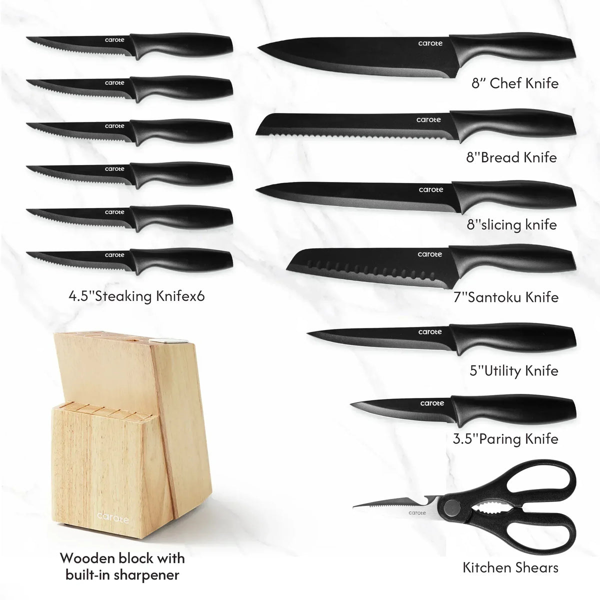 Carote 15-Piece Premium Kitchen Knife Set, Ceramic-Coated Blades with Stylish Wooden Block