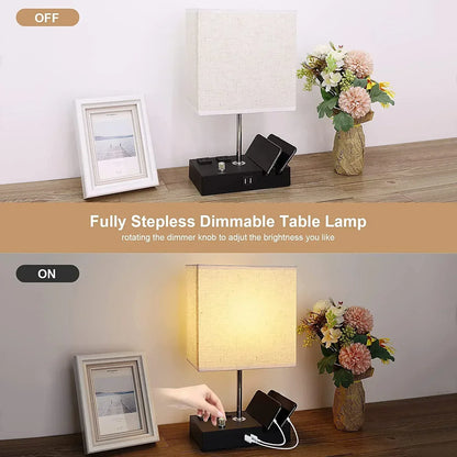 GPED Bedside Table Lamp for Bedroom with Dual Fast USB Charging Ports, Fully Dimmable Nightstand Lamps with 2 Phone Stands and 2 Charging Outlets, Desk lamp with Fabric Shade for Living Room