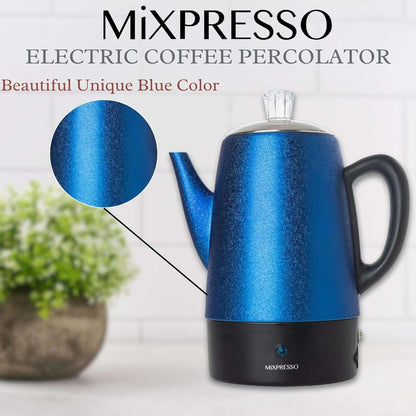 Mixpresso Percolator Coffee Pot Electric 10 Cup, Stainless Steel Coffee Maker, Coffee Percolator Electric With Keep Warm Function, 10 Cups Stainless Steel Perculator With Basket (Shiny Blue)