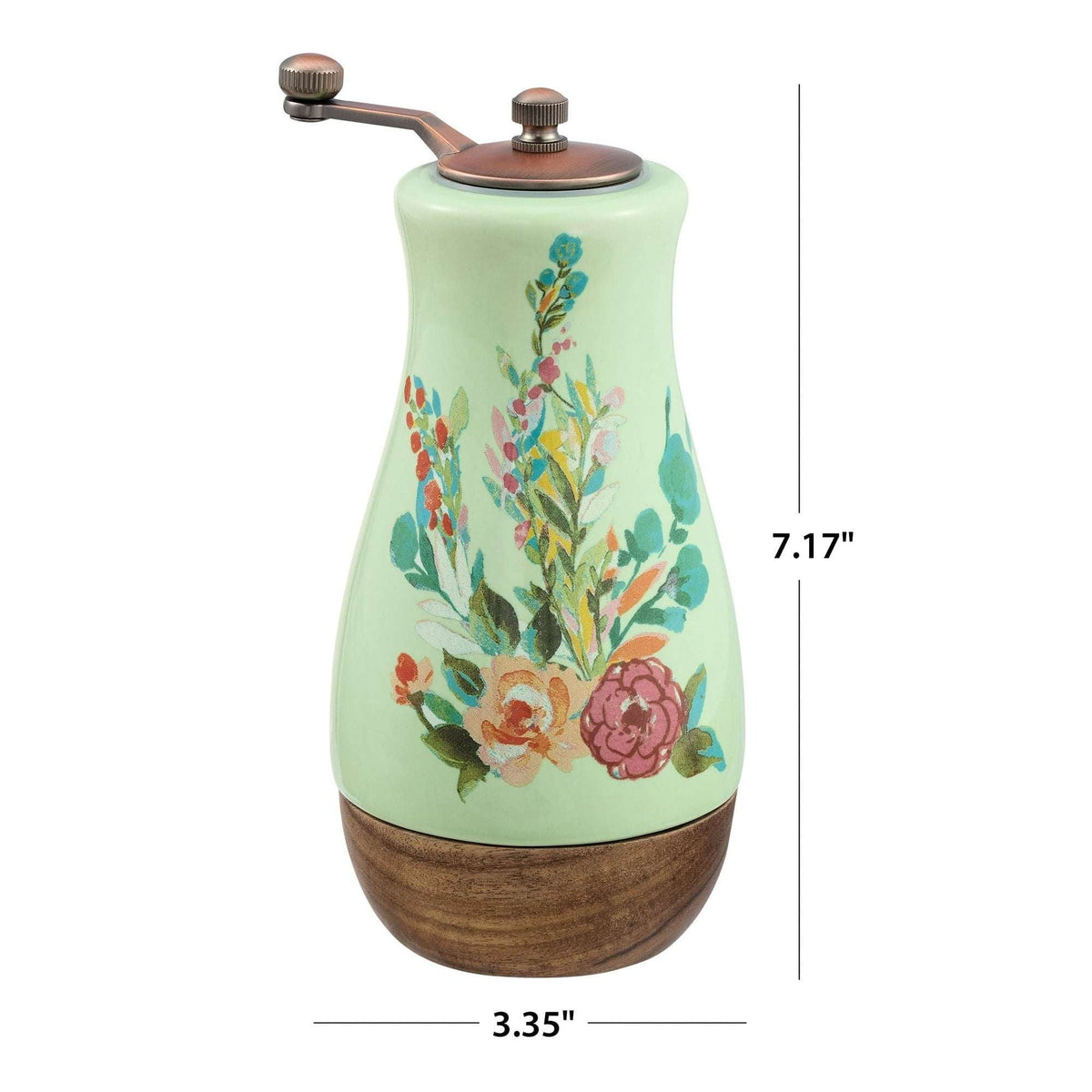 The Pioneer Woman Ceramic Painted Meadow Pepper Mill with Metal Grinder and Acacia Wood Base, A Practical Choice for Seasoning Storage and Serving