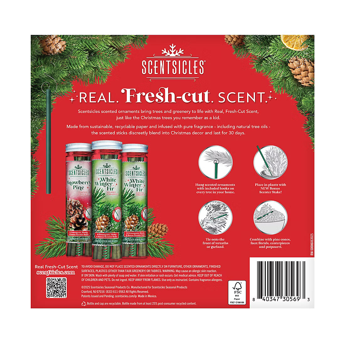Scentsicles, 3 pk. 6 Pc. Stick Scented Ornament, 2 White Winter Fir, 1 O Christmas Tree