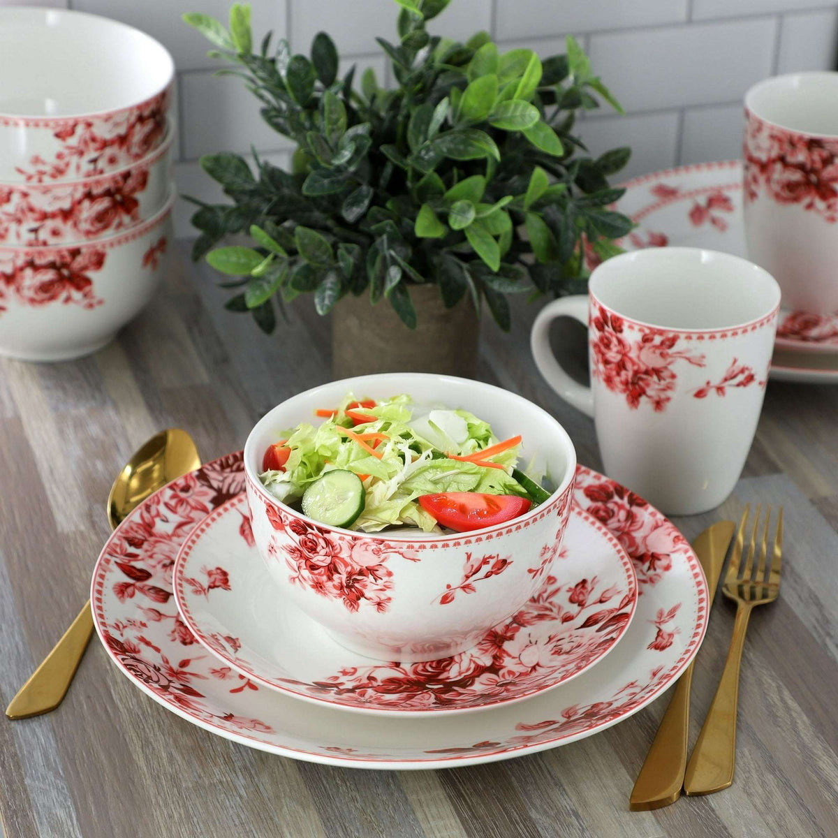 Elama Traditional Red Rose 16 Piece Stoneware Dinnerware Set