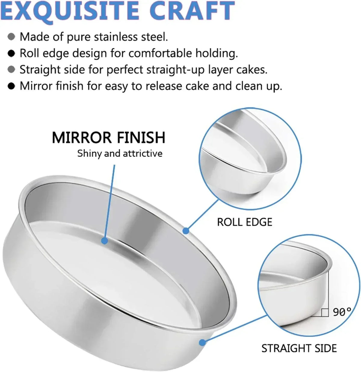 Vesteel Cake Pan, Stainless Steel Round Layer Cake Baking Pans, Non-Toxic & Healthy, Mirror Finish & Dishwasher Safe