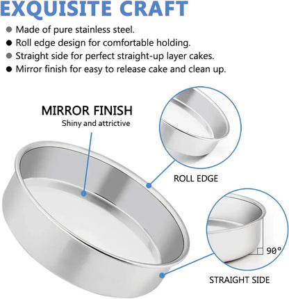 Vesteel Cake Pan, Stainless Steel Round Layer Cake Baking Pans, Non-Toxic & Healthy, Mirror Finish & Dishwasher Safe