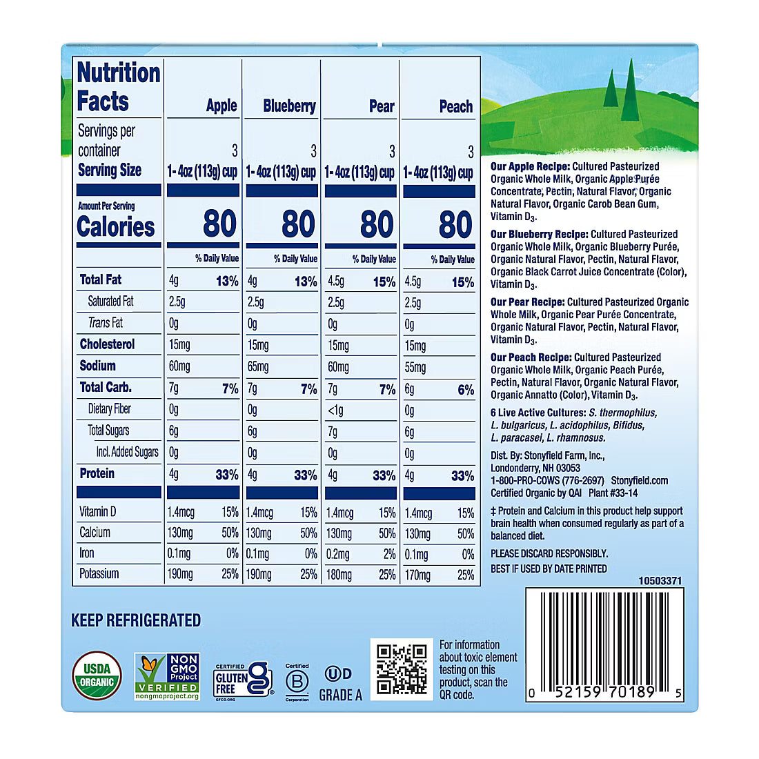 Stonyfield Organic YoBaby Apple, Blueberry, Pear, & Peach Yogurt, Variety Pack, 12 pk./4 oz.