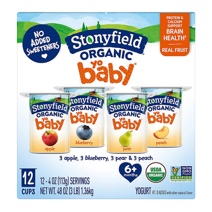 Stonyfield Organic YoBaby Apple, Blueberry, Pear, & Peach Yogurt, Variety Pack, 12 pk./4 oz.