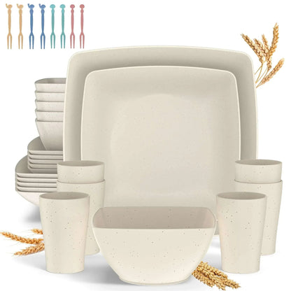 GPED 32 Pcs Wheat Straw Square Dinnerware Sets For 6, Unbreakable Dish Sets, Reusable Plates and Bowls Sets, Dinner Plates, Travel Camping Cutlery Set, Dishwasher Microwave Safe, Beige