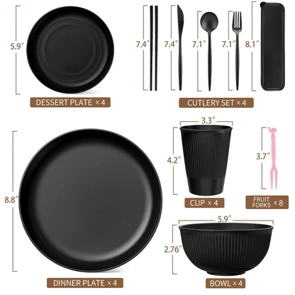 TINANA Wheat Straw Dinnerware Set, Service for 4, 48 PCS Unbreakable Plastic Plates and Bowls Sets, Dishwasher Microwave Safe, Black