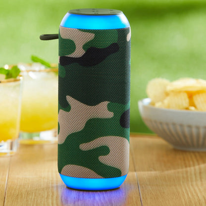 onn Large Rugged Speaker with Bluetooth Wireless Technology and LED Lighting, Camo