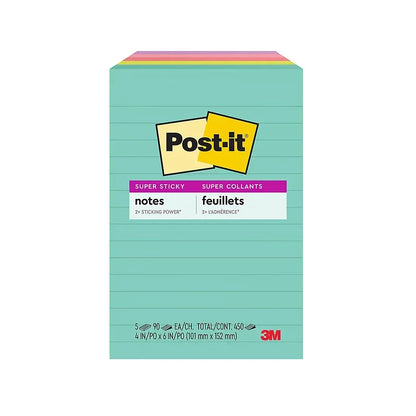Post-it Super Sticky Notes, 4" x 6", Supernova Neons Collection, Lined