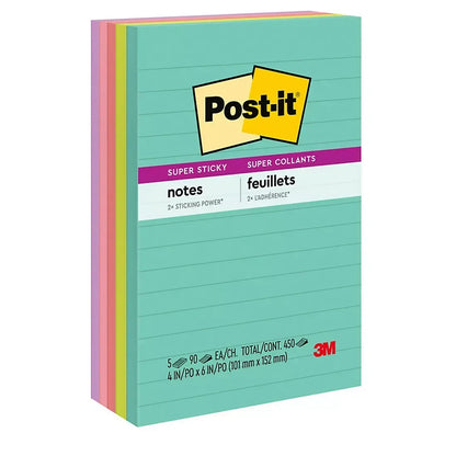 Post-it Super Sticky Notes, 4" x 6", Supernova Neons Collection, Lined