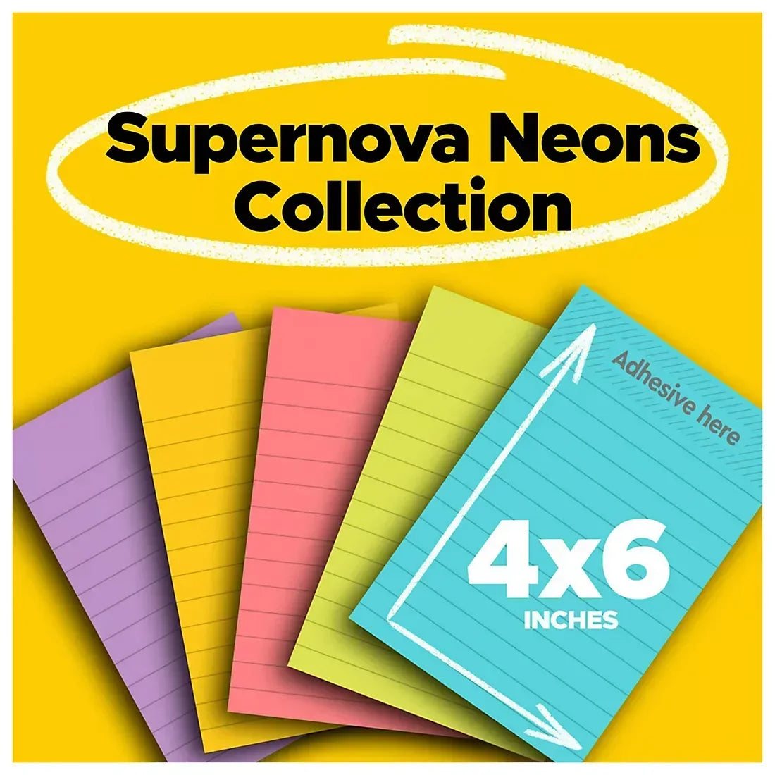 Post-it Super Sticky Notes, 4" x 6", Supernova Neons Collection, Lined